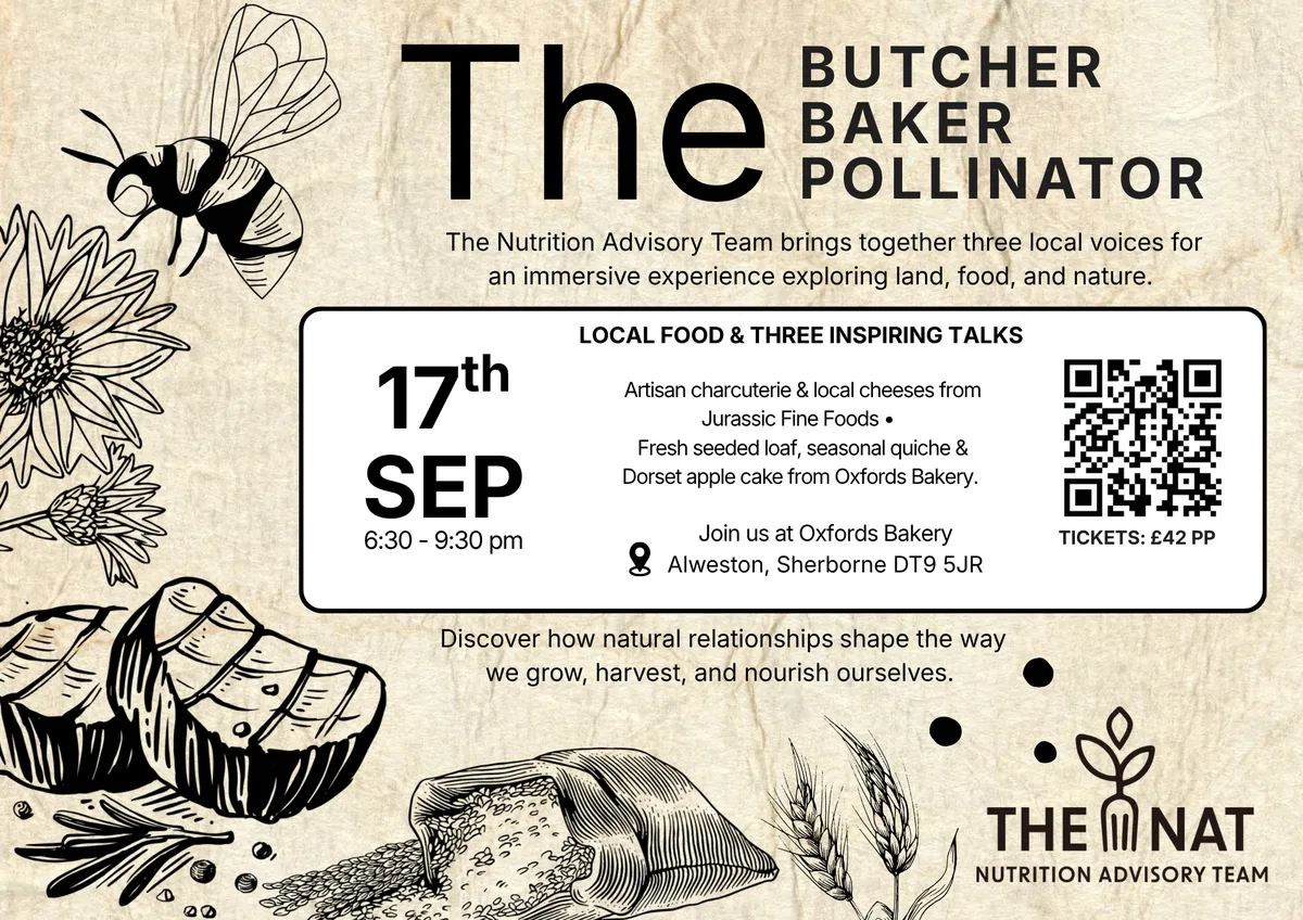 Poster for The Butcher, The Baker, The Pollinator, illustrated with a bee, sunflowers, a joint of meat and sheaves of wheat.