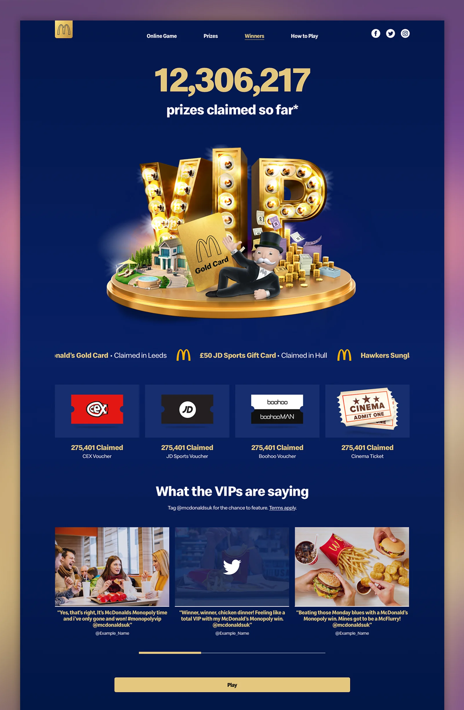 Promotional webpage for a VIP rewards program featuring prize claims, gift cards, testimonials, and social media links on a blue background.