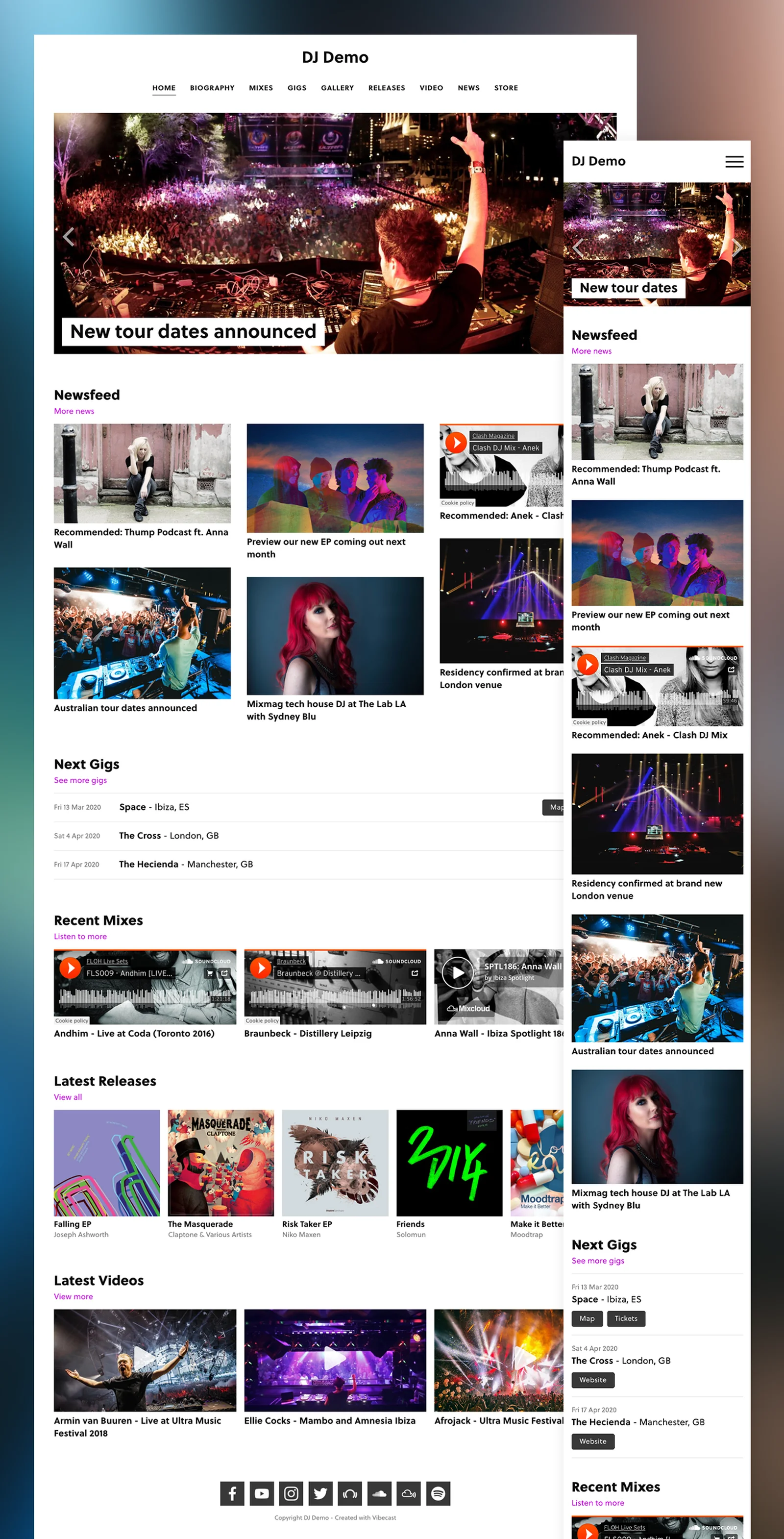 DJ website layout with sections for news, upcoming gigs, recent mixes, latest releases, and videos. Features vibrant images and social media links.