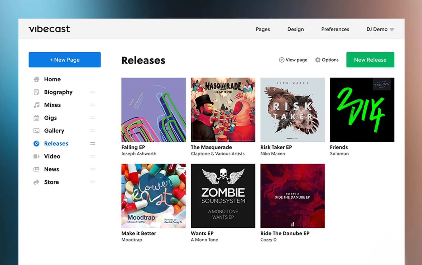 Website interface displaying a music release section with album covers, titles, and navigation menu on the left side.