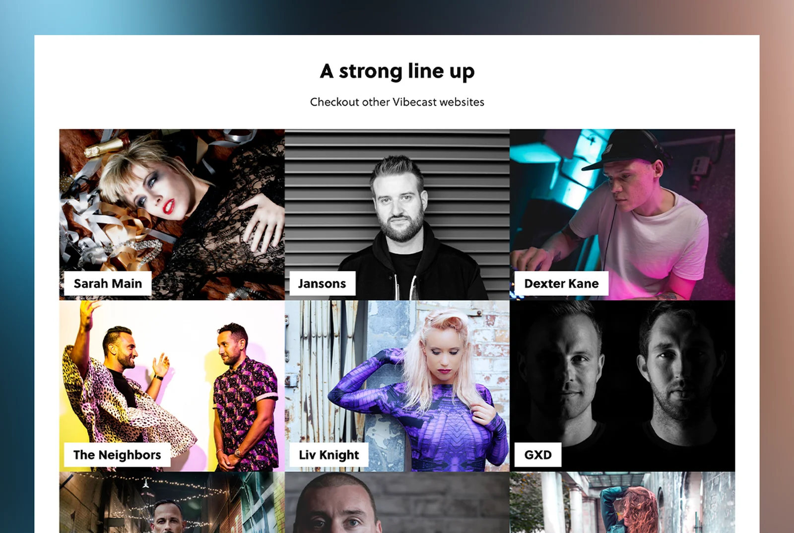 Collage of six DJs with names: Sarah Main, Jansons, Dexter Kane, The Neighbors, Liv Knight, and GXD, promoting VibeCast websites.