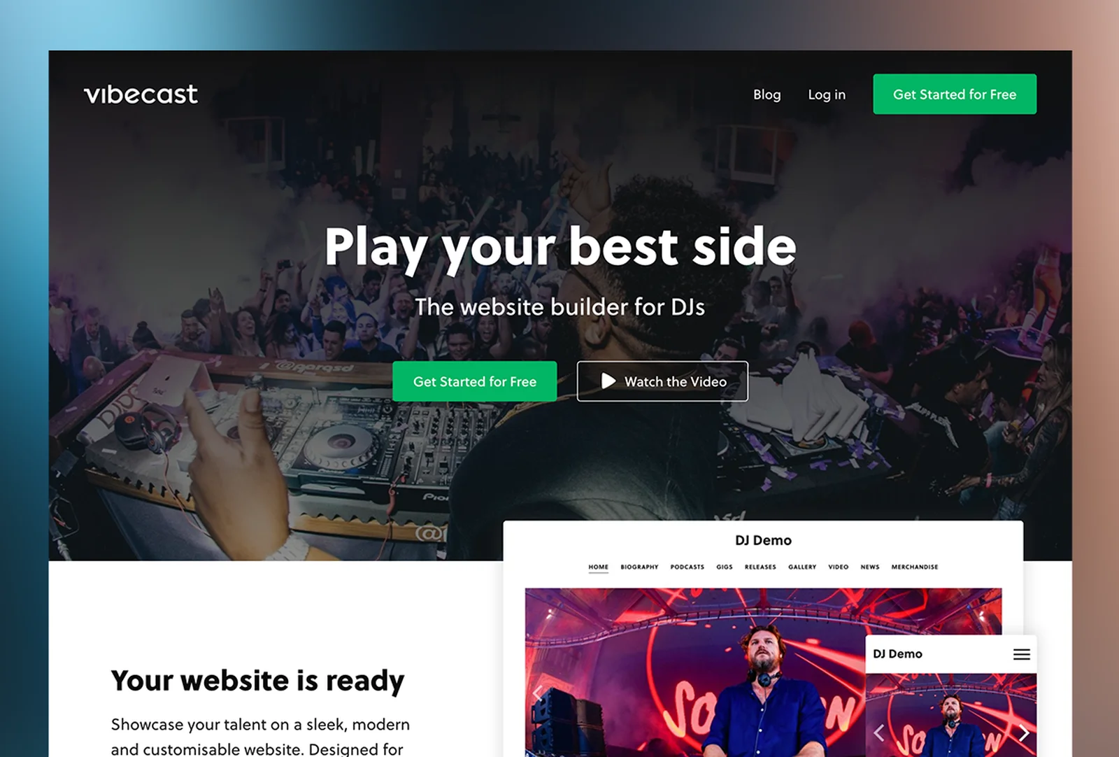 DJ performing at a lively event with a crowd, featuring a website builder for DJs called VibeCast, offering a demo and free start option.