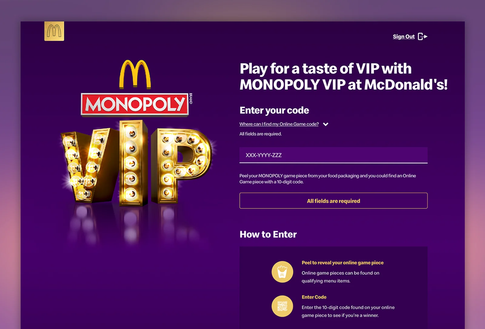 McDonald's Monopoly VIP page with code entry form, featuring a large illuminated "VIP" sign and instructions on how to enter.