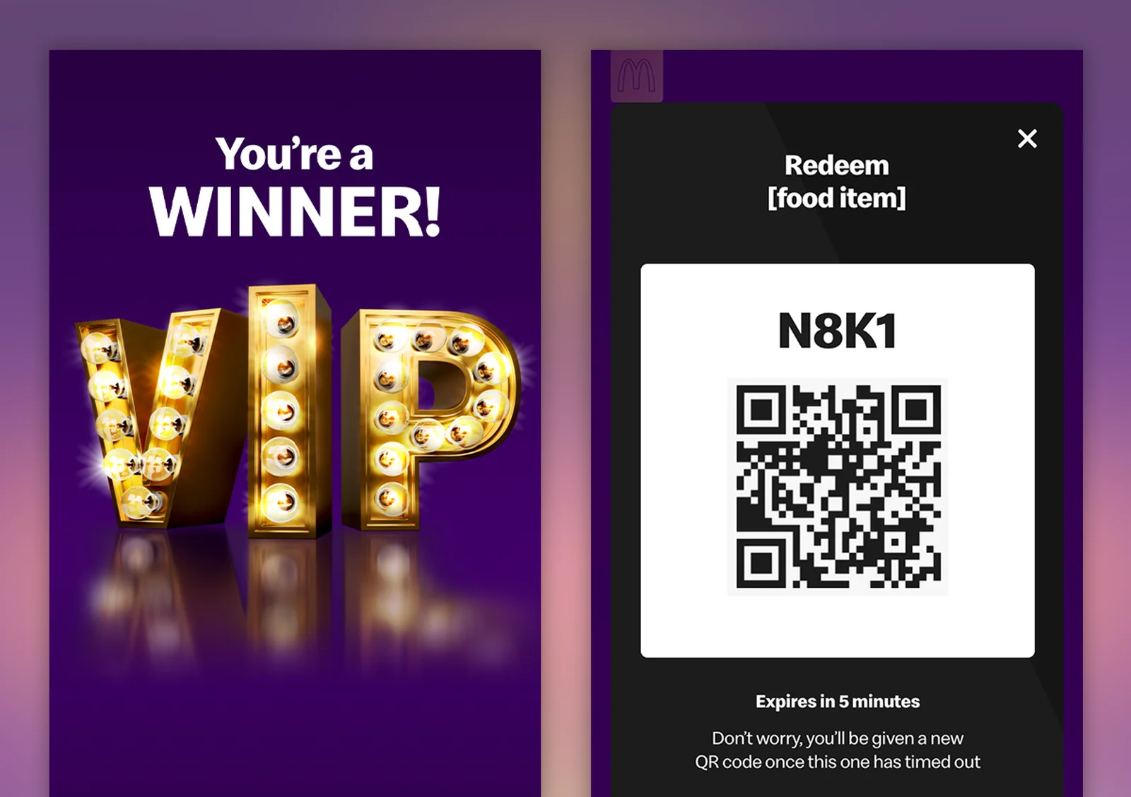 "You're a WINNER!" text with illuminated "VIP" letters on purple. Adjacent is a QR code and code "N8K1" for redeeming a food item, expiring in 5 minutes.