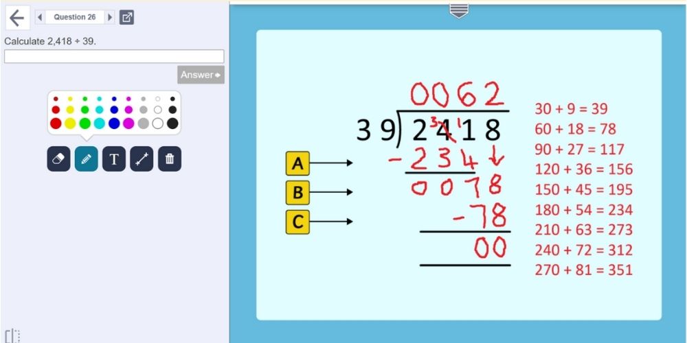 Modelled long division of 2418 divided by 39.
