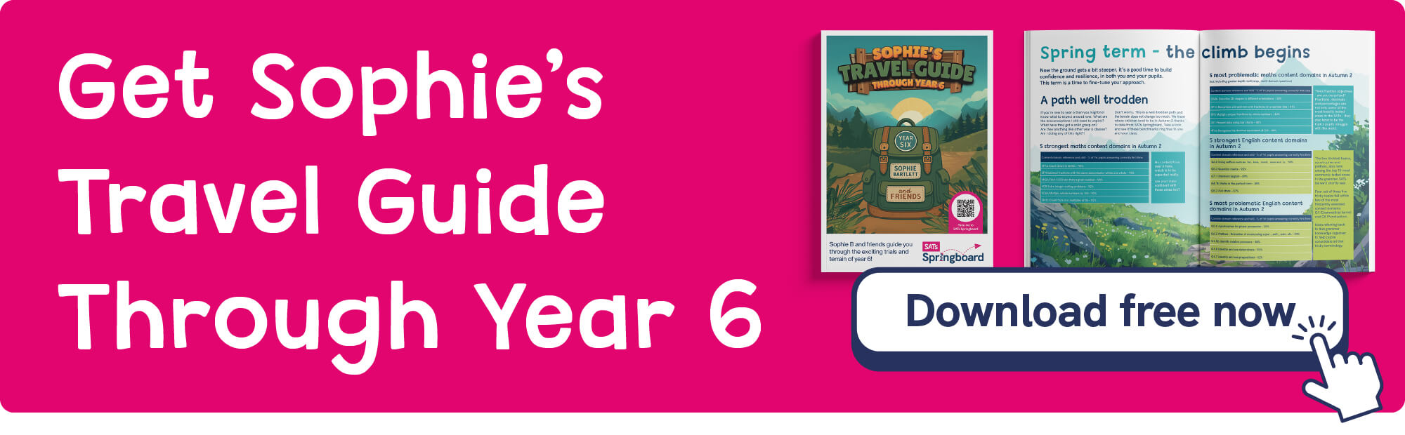 Pink background with white text that reads Get Sophie's Travel Guide Through Year 6