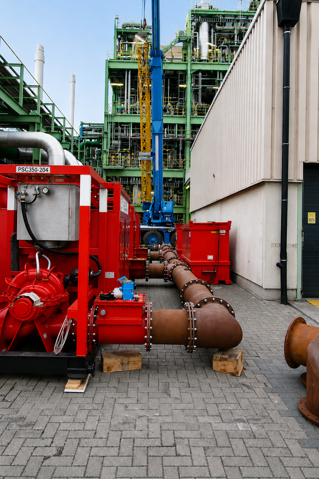 Tijdelijke koelwaterinstallatie Rode pomp met leidingwerk op een industriële locatie met op de achtergrond een gebouw vol leidingen en een blauwe kraan.