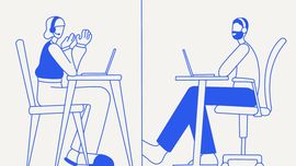 Two people with headsets at desks, laptops open, symbolizing a digital HR meeting.