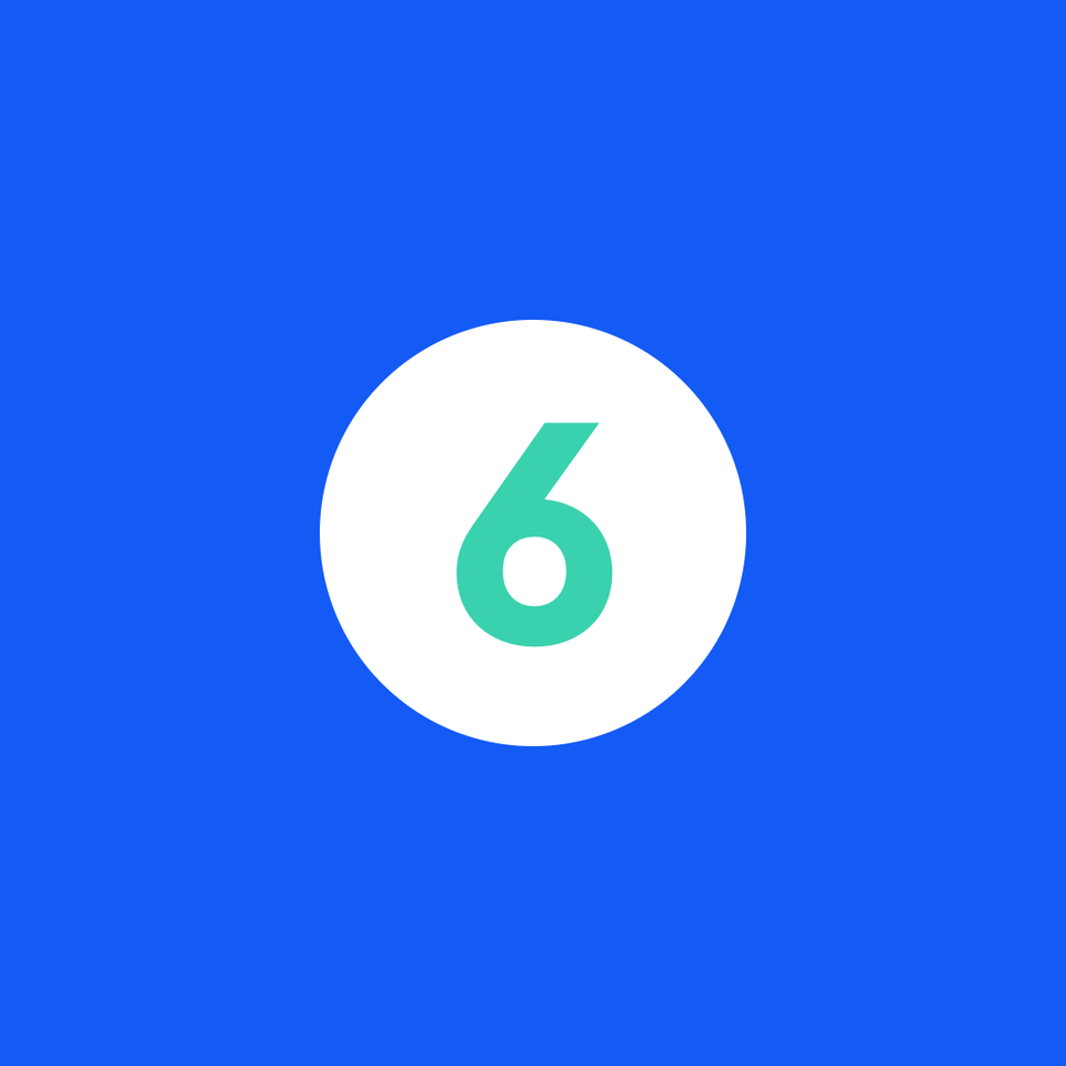 White circle with a turquoise number 6 on a solid blue background, simple and decorative.