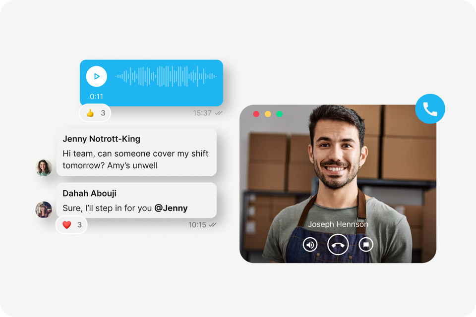 Employee App UI: chat, voice, and video tools for frontline comms, HR-Portal, Employee Experience Platform.