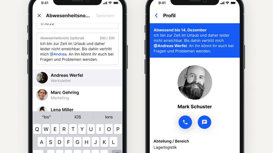 Zwei Smartphone-Bildschirme mit Abwesenheitsnotizen und Profilinformationen.