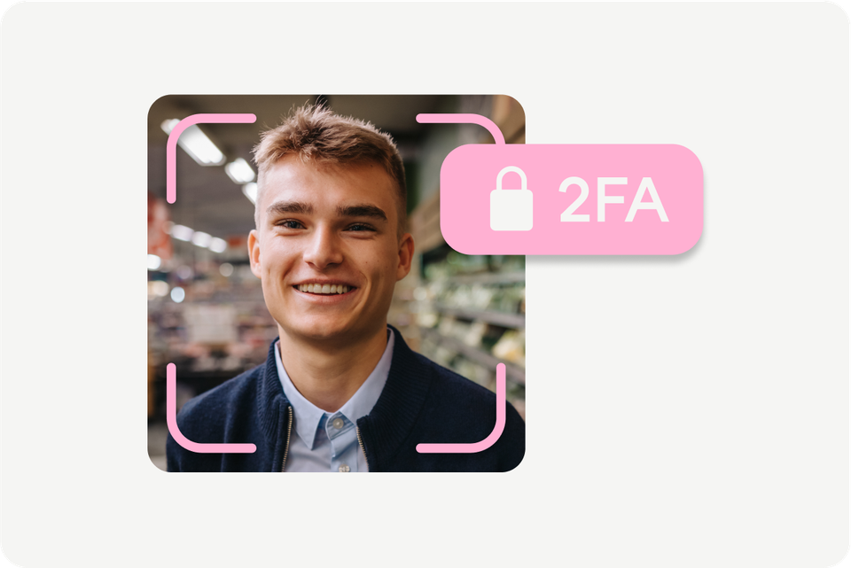 Portrait with facial recognition frame and 2FA lock icon, symbolizing secure authentication.