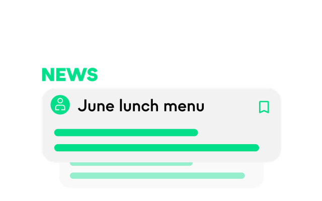 B2B-SaaS Employee Experience Platform newsfeed: June lunch menu update, Employee App, HR-Portal.