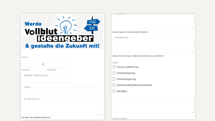 Ideenmanagement-Formular: Werde Vollblut Ideengeber, Mitarbeiterplattform, Employee Experience Platform.