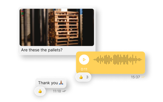 Chat UI with image, voice message, and text: Are these the pallets?, Thank you 🙏. Employee App.