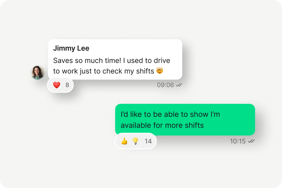 Chat UI of Employee App for frontline, showing shift feedback and engagement with emoji reactions.