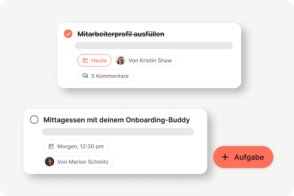 Mitarbeiterplattform Aufgaben: Mitarbeiterprofil ausfüllen, Mittagessen mit Onboarding-Buddy, HR-Software.