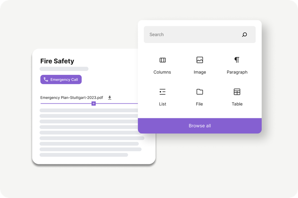 B2B-SaaS UI for Fire Safety; empowers frontline via Employee App, HR-Portal, Flip Flows, Intranet.
