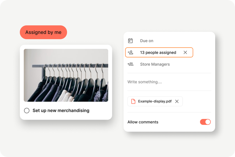 Task management UI for frontline ops: Set up new merchandising, 13 people assigned, PDF attached.