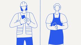 Two frontline workers, one in a vest and helmet, one in an apron, holding smartphones.