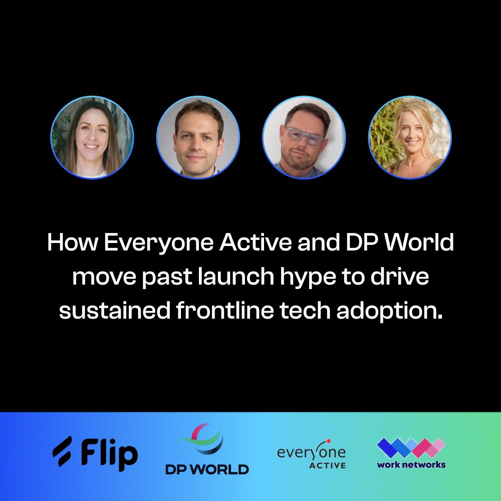 Webinar speaker photos with text about sustained frontline tech adoption.