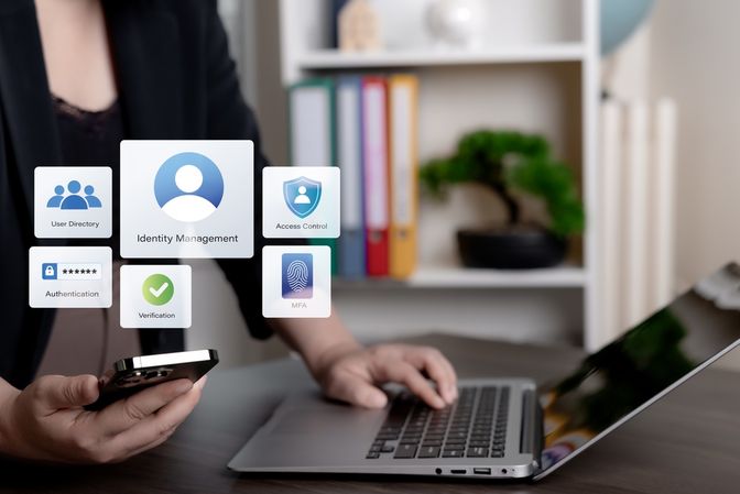 A person using identity management interface: User Directory, Access Control, Authentication.