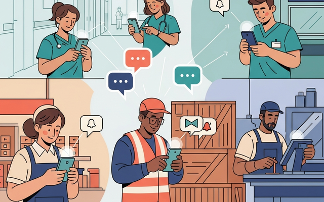 Illustration of diverse frontline workers using mobile apps for communication.