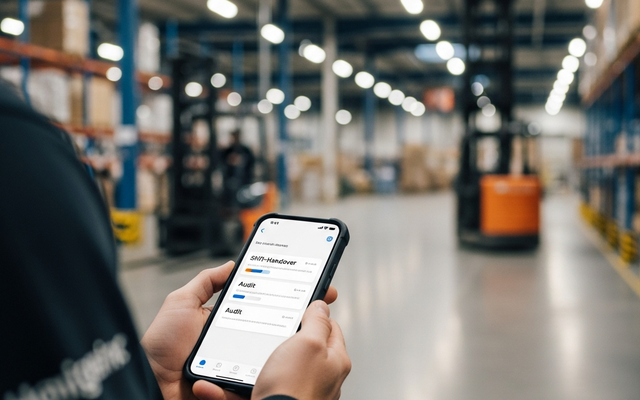 Employee using a smartphone app in a warehouse setting.