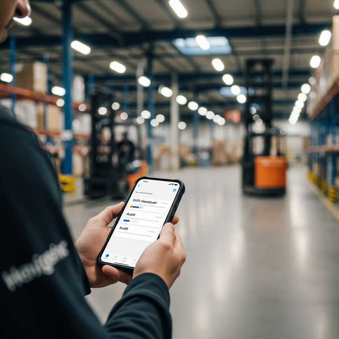 Employee using a smartphone app in a warehouse setting.