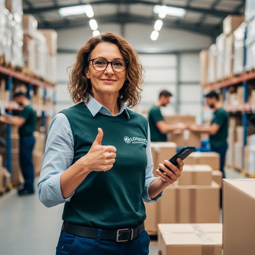 Smiling warehouse worker holding a phone gives a thumbs up, standing among boxes and shelves in a busy distribution center.