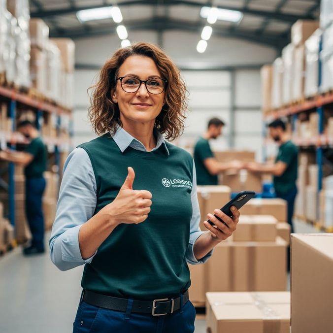 Smiling warehouse worker holding a phone gives a thumbs up, standing among boxes and shelves in a busy distribution center.