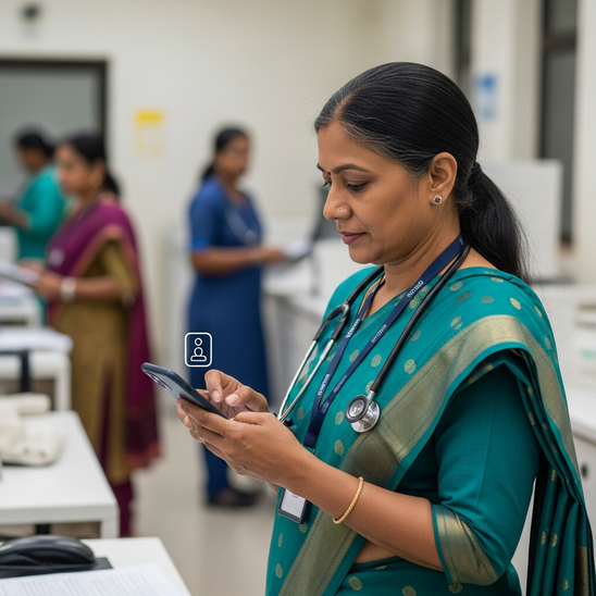Healthcare worker in a clinic using a smartphone.
