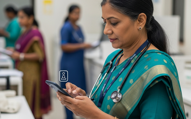 Healthcare worker in a clinic using a smartphone.
