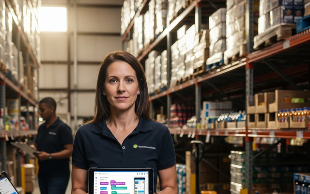 Employee in warehouse using a no-code app on a tablet.