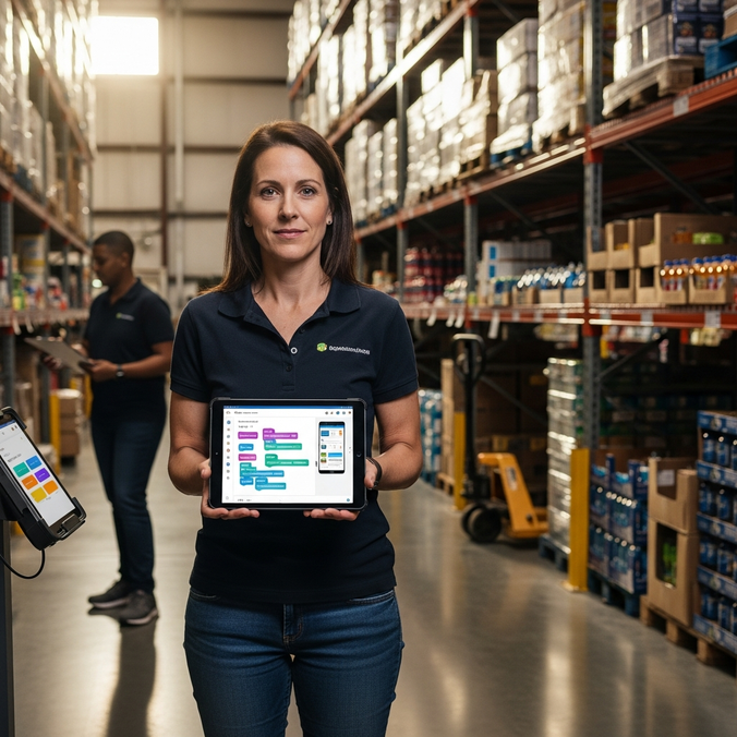 Employee in warehouse using a no-code app on a tablet.