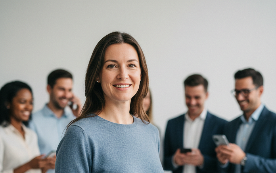 Smiling woman with phone, group of people in background