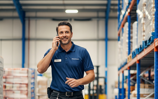 Warehouse worker talking on a phone with products in the background.