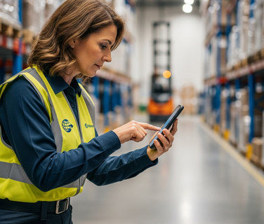 Woman in warehouse using mobile device
