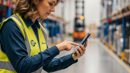 Woman in warehouse using mobile device