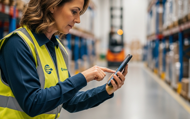 Woman in warehouse using mobile device