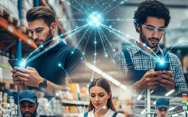 People in work uniforms using smartphones with digital network overlay.