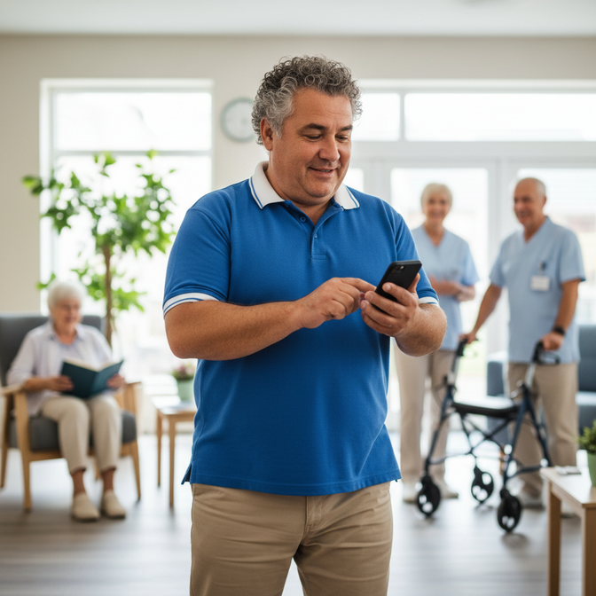 Man in a blue shirt using a smartphone in a healthcare setting.