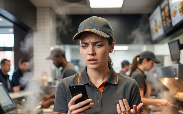A worried employee in a fast-food kitchen checks her phone.