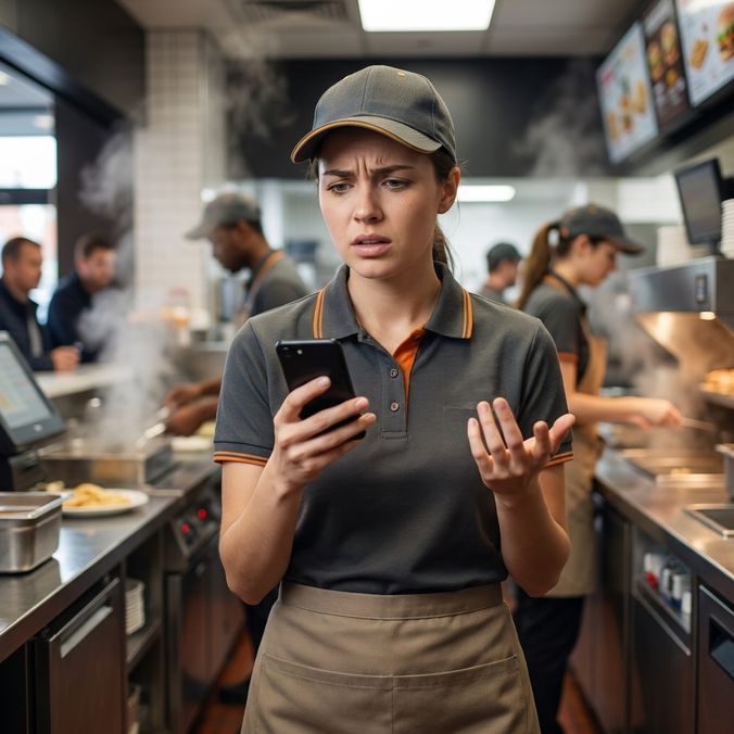 A worried employee in a fast-food kitchen checks her phone.