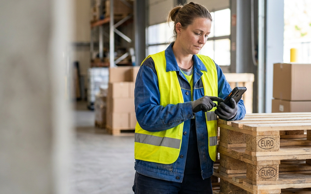 Lagerarbeiterin erfasst Palettenmeldungen mit dem Smartphone im Lager.