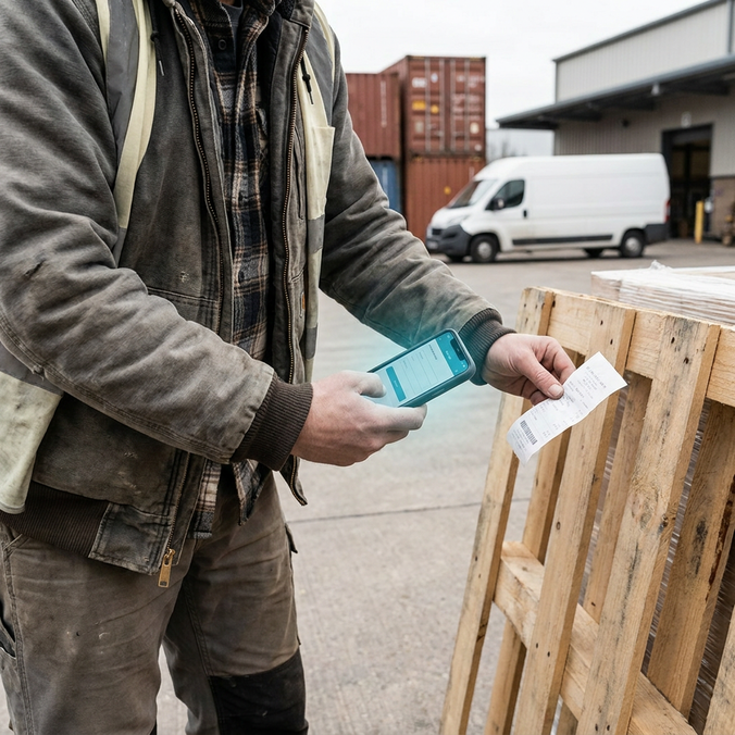 Person scanning a receipt with a smartphone outdoors.