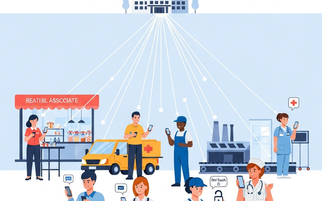 Illustration of frontline workers using mobile devices for communication.