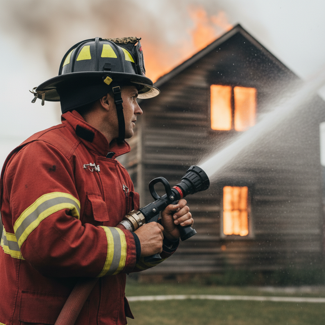 Firefighter extinguishing a burning house