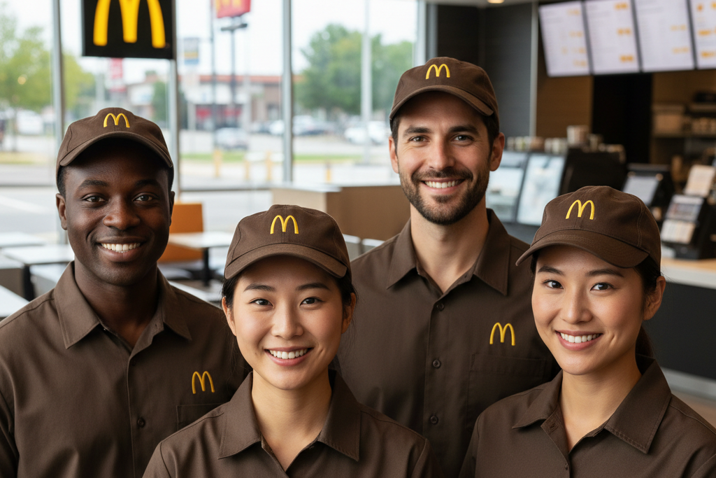 McDonalds employees in uniform smiling inside the restaurant.