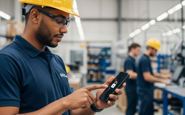 Worker in hard hat using smartphone with lock symbol in a factory.